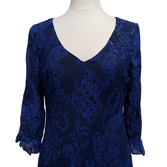 Vtg Paradise NY Blue Lace Look Maxi Dress Bias Cut Ruffle Sleeves Sequin Lined L - Picture 3 of 9